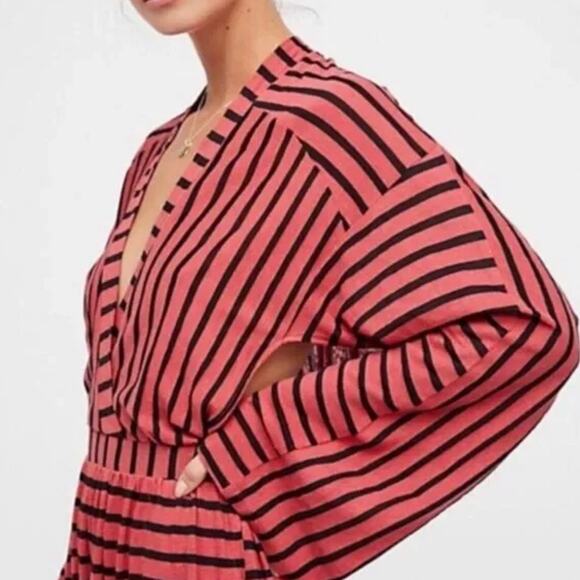 Free People Yacht Club Midi Dress Striped Long Sleeve Cut Out Red Black Medium - Picture 2 of 9